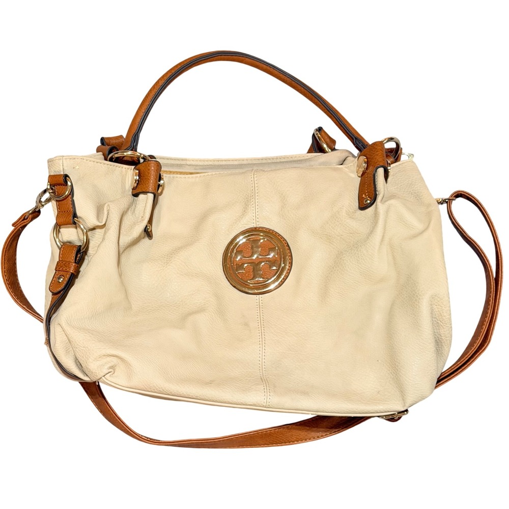 Tory Burch Shoulder Bag Women Large Cream Tan Faux Leather Satchel Boho Bag
